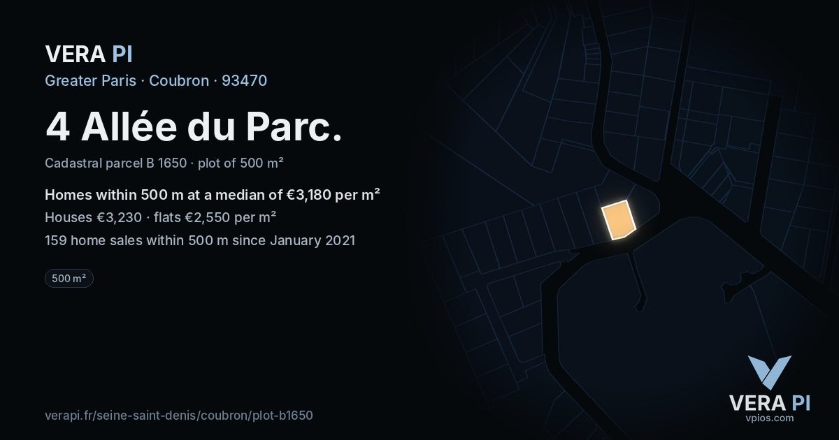 4 Allée du Parc, Coubron at night – the plot lit, the parcels around coloured by the prices near them