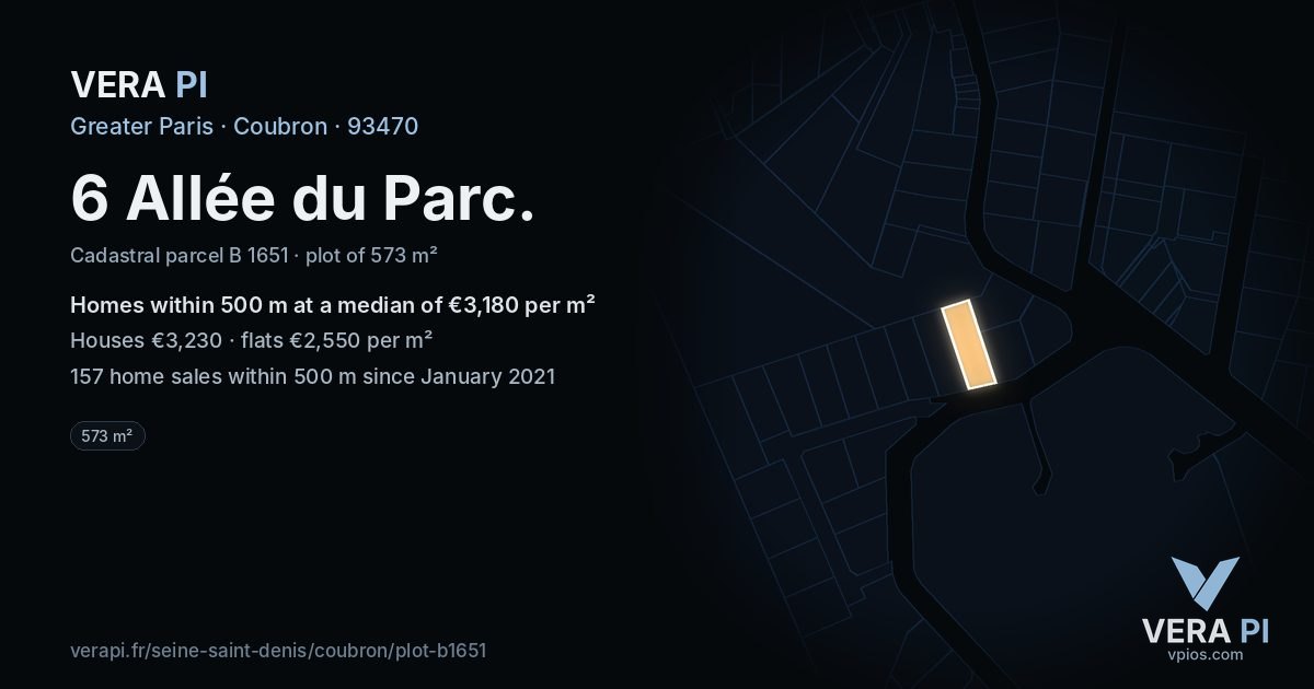 6 Allée du Parc, Coubron at night – the plot lit, the parcels around coloured by the prices near them