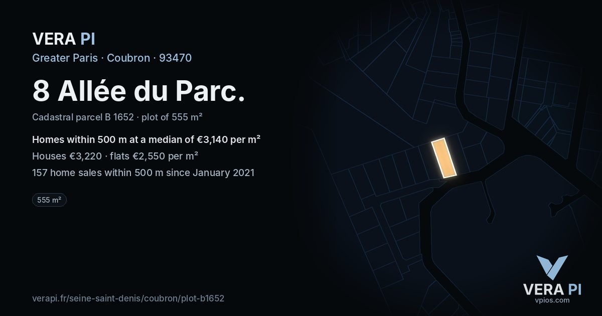 8 Allée du Parc, Coubron at night – the plot lit, the parcels around coloured by the prices near them