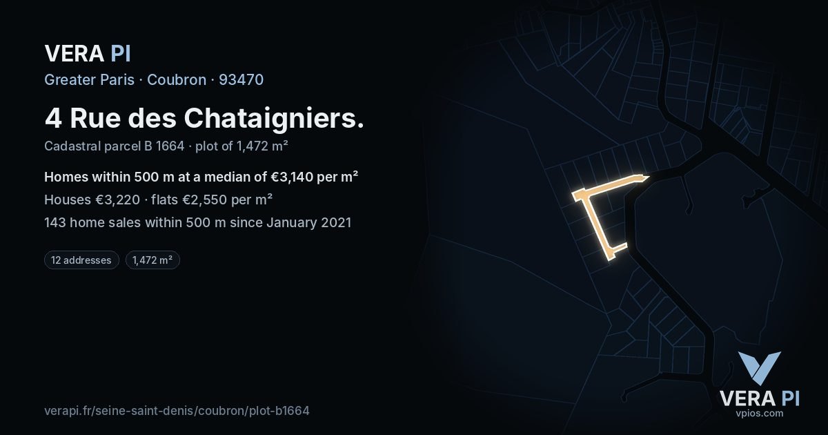 4 Rue des Chataigniers, Coubron at night – the plot lit, the parcels around coloured by the prices near them