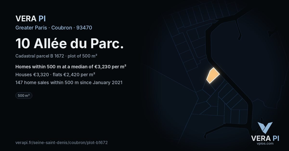 10 Allée du Parc, Coubron at night – the plot lit, the parcels around coloured by the prices near them