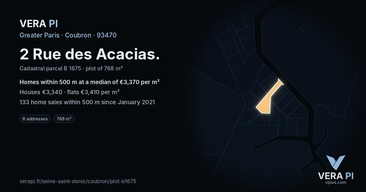2 Rue des Acacias, Coubron at night – the plot lit, the parcels around coloured by the prices near them