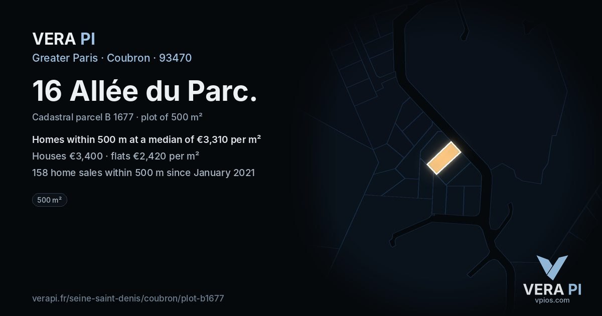 16 Allée du Parc, Coubron at night – the plot lit, the parcels around coloured by the prices near them