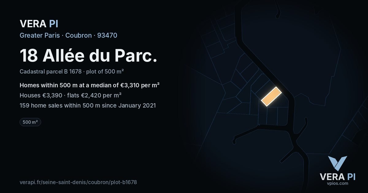 18 Allée du Parc, Coubron at night – the plot lit, the parcels around coloured by the prices near them