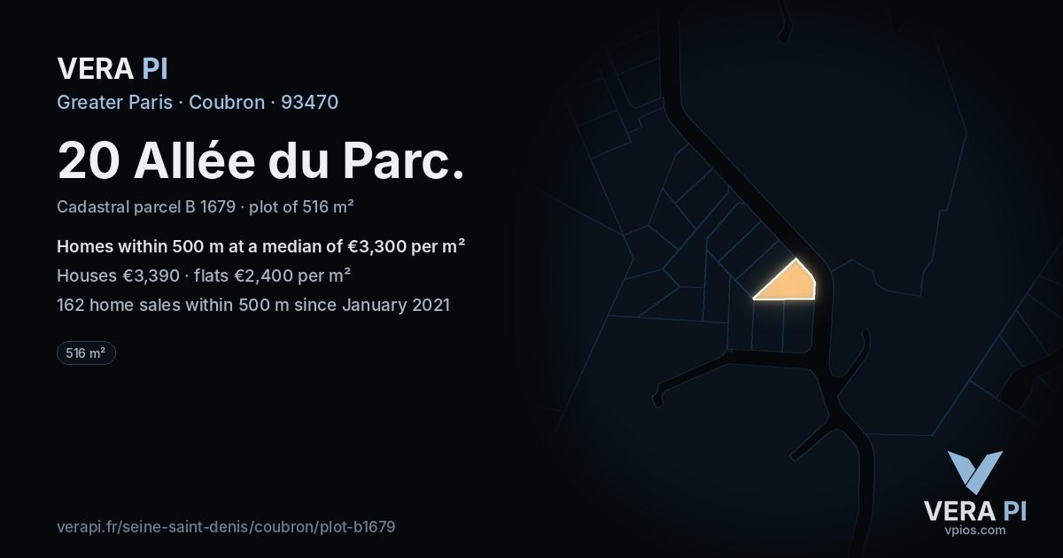 20 Allée du Parc, Coubron at night – the plot lit, the parcels around coloured by the prices near them