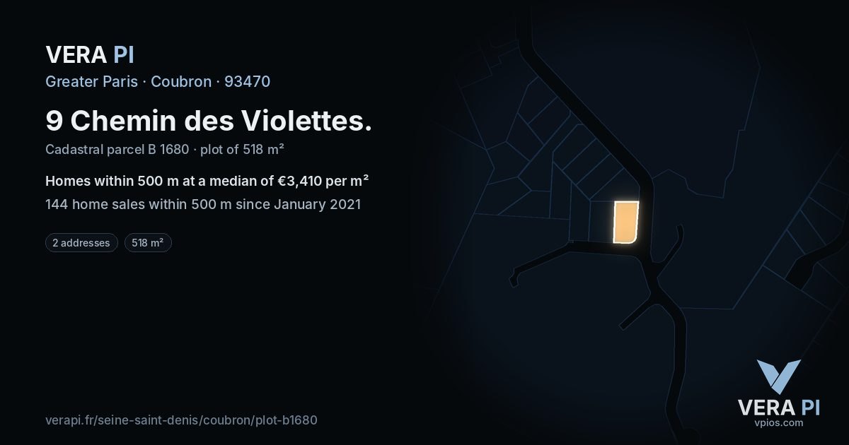 9 Chemin des Violettes, Coubron at night – the plot lit, the parcels around coloured by the prices near them