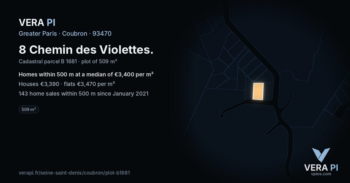 8 Chemin des Violettes, Coubron at night – the plot lit, the parcels around coloured by the prices near them