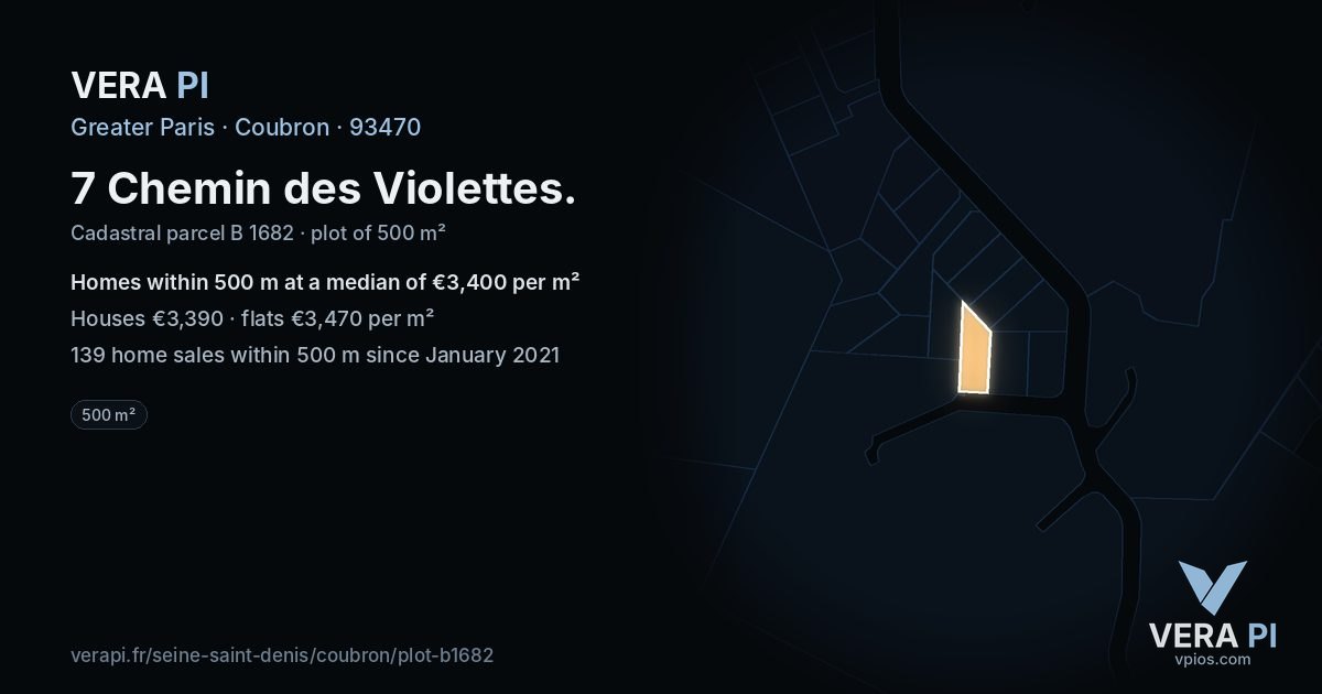 7 Chemin des Violettes, Coubron at night – the plot lit, the parcels around coloured by the prices near them
