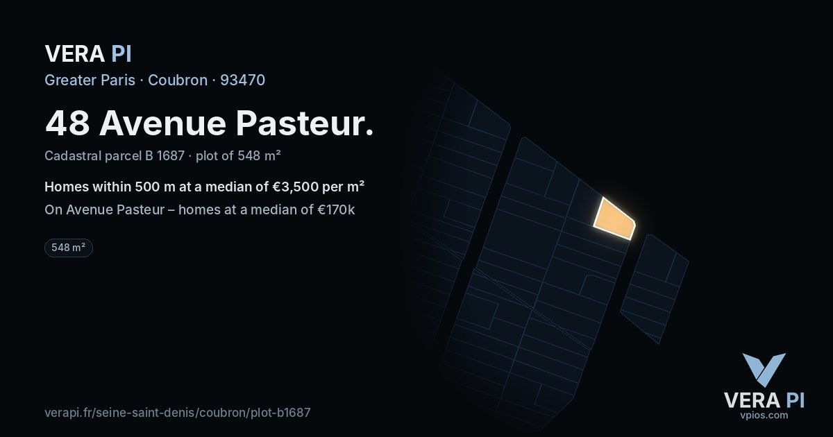 48 Avenue Pasteur, Coubron at night – the plot lit, the parcels around coloured by the prices near them