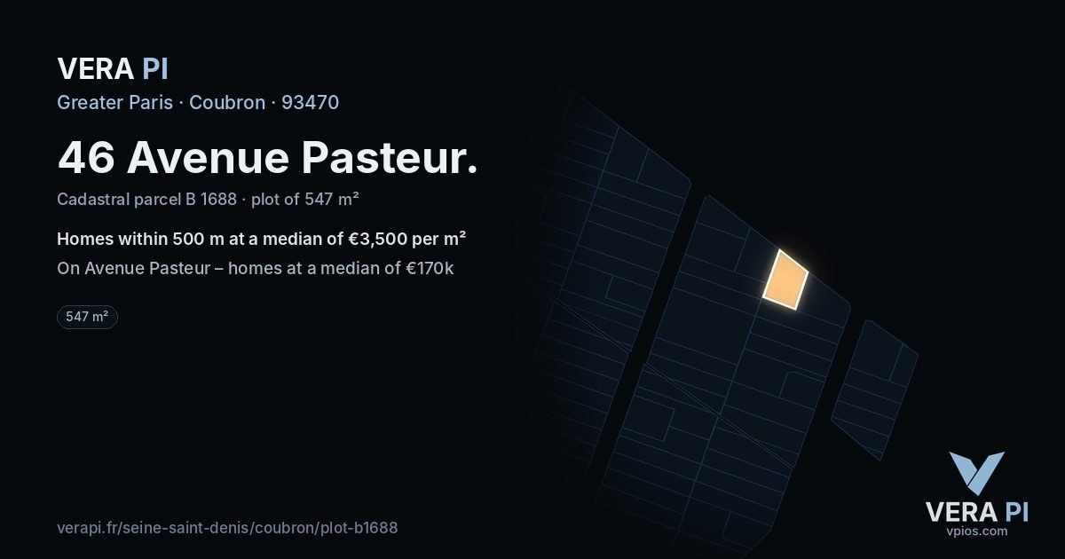 46 Avenue Pasteur, Coubron at night – the plot lit, the parcels around coloured by the prices near them