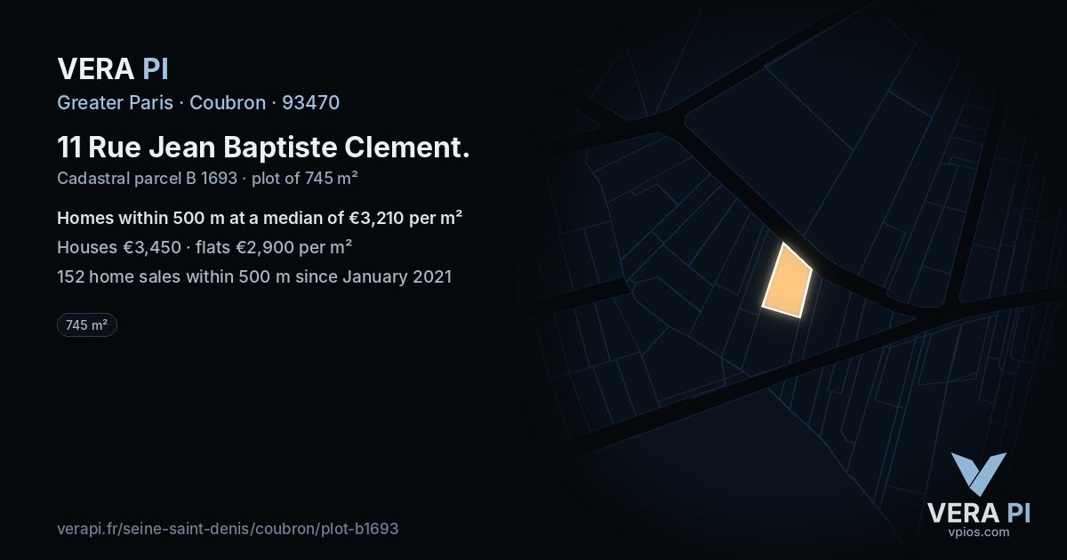 11 Rue Jean Baptiste Clement, Coubron at night – the plot lit, the parcels around coloured by the prices near them