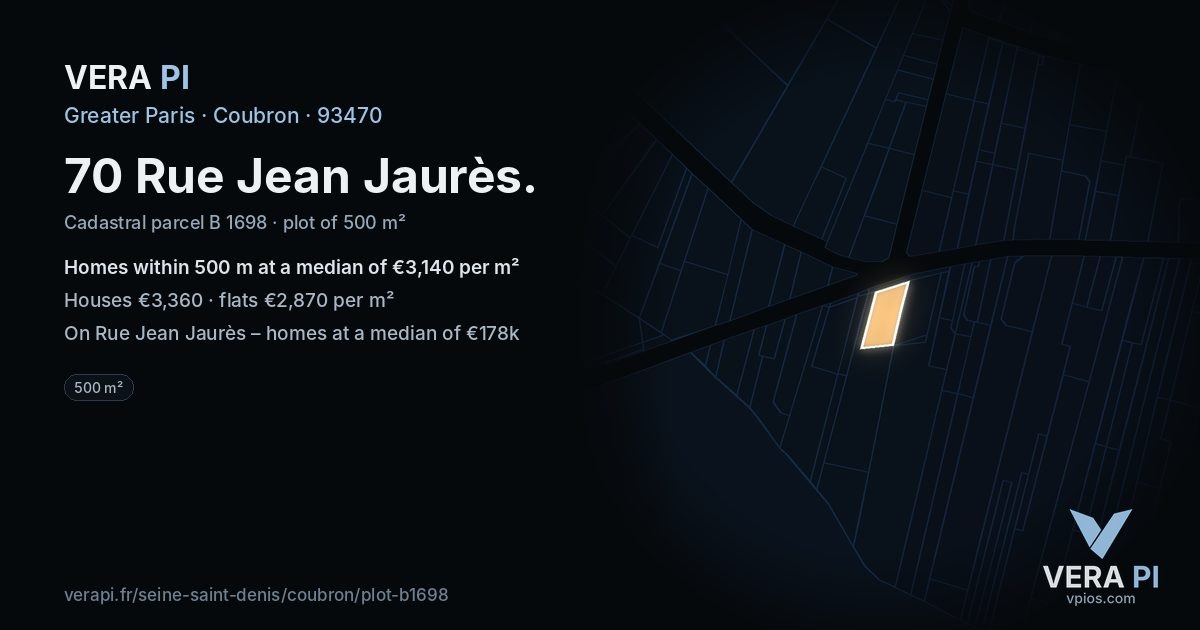 70 Rue Jean Jaurès, Coubron at night – the plot lit, the parcels around coloured by the prices near them