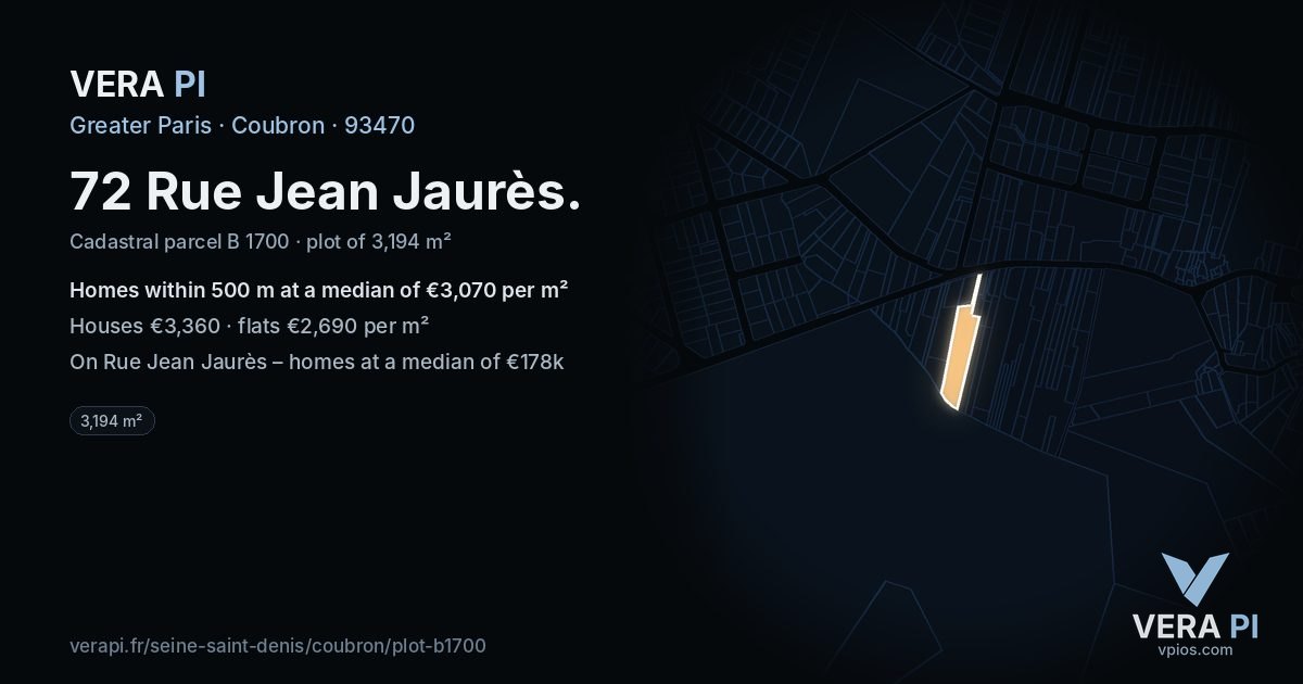 72 Rue Jean Jaurès, Coubron at night – the plot lit, the parcels around coloured by the prices near them