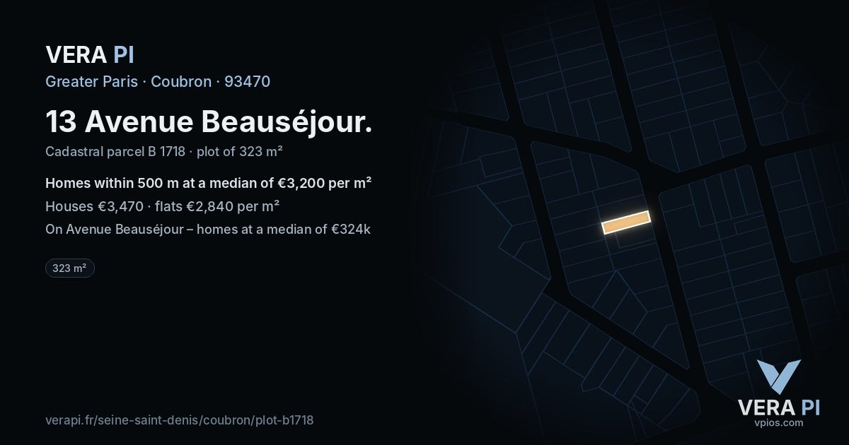 13 Avenue Beauséjour, Coubron at night – the plot lit, the parcels around coloured by the prices near them