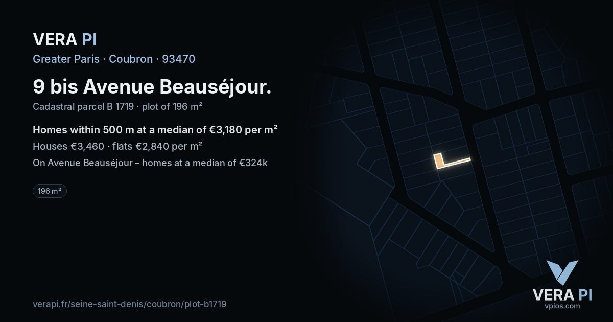 9 bis Avenue Beauséjour, Coubron at night – the plot lit, the parcels around coloured by the prices near them