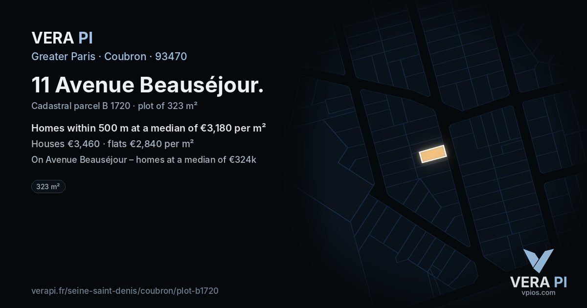 11 Avenue Beauséjour, Coubron at night – the plot lit, the parcels around coloured by the prices near them