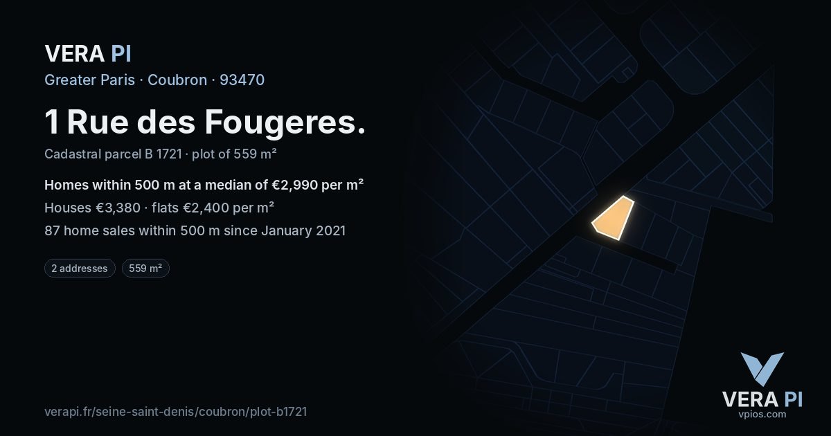 1 Rue des Fougeres, Coubron at night – the plot lit, the parcels around coloured by the prices near them