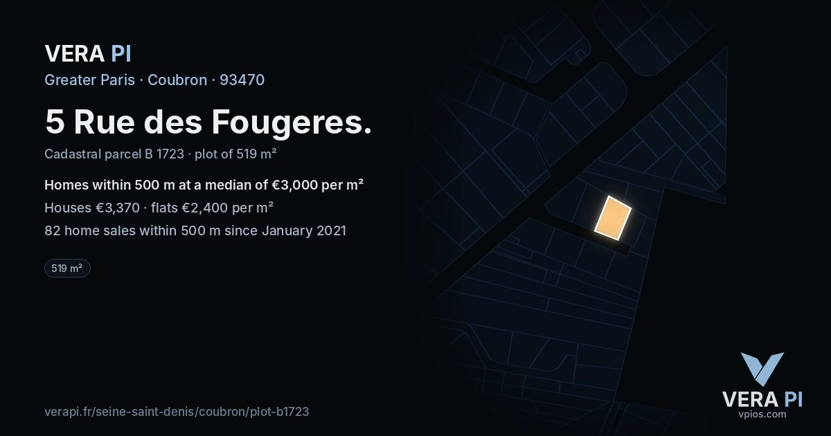 5 Rue des Fougeres, Coubron at night – the plot lit, the parcels around coloured by the prices near them