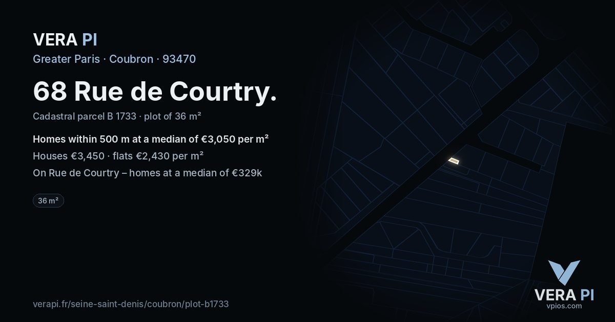 68 Rue de Courtry, Coubron at night – the plot lit, the parcels around coloured by the prices near them