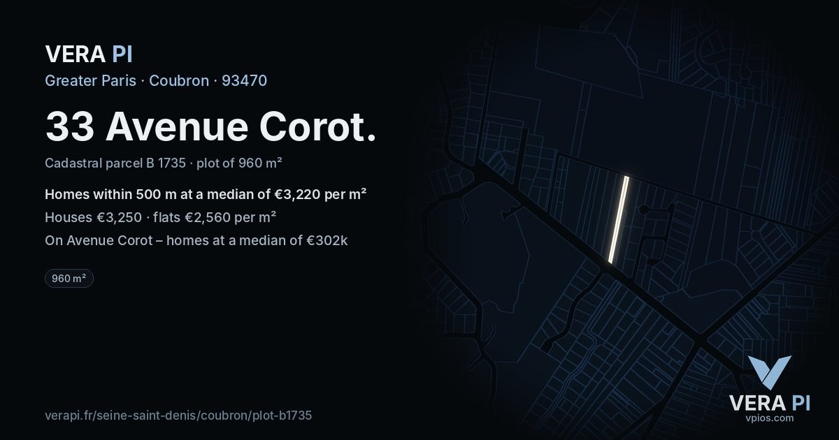 33 Avenue Corot, Coubron at night – the plot lit, the parcels around coloured by the prices near them