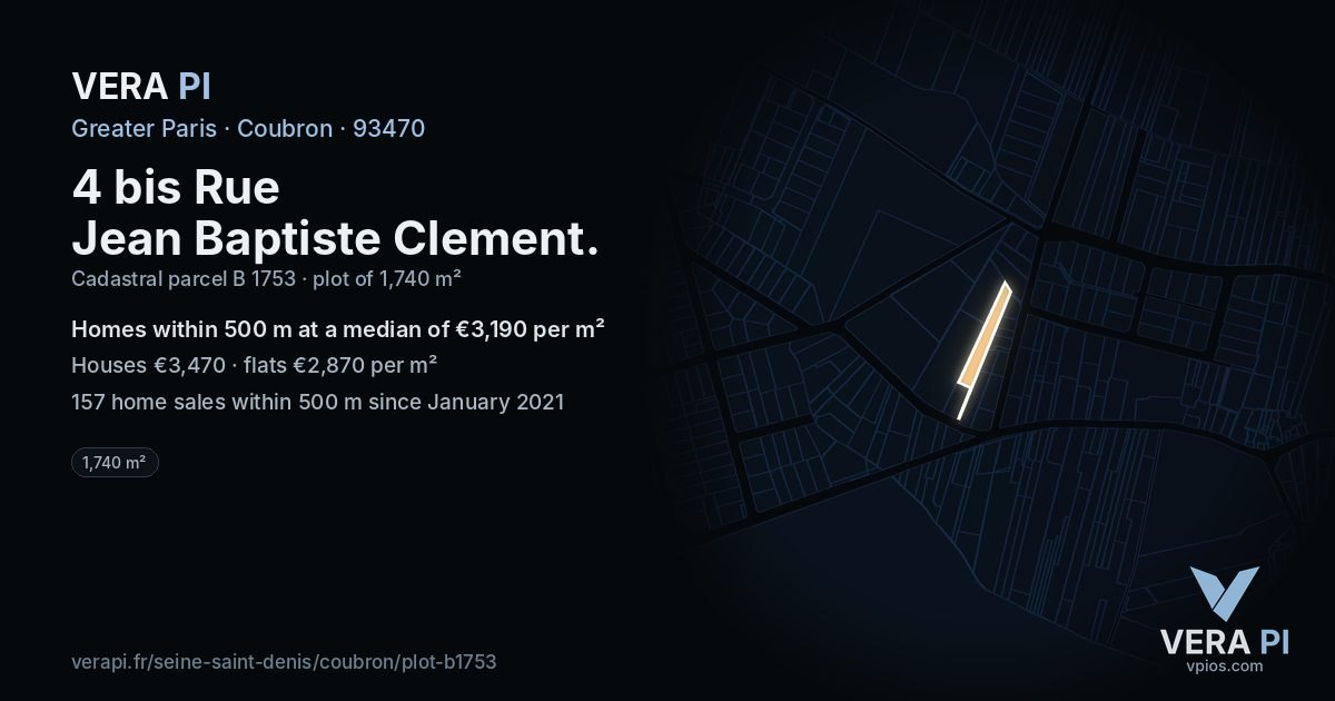 4 bis Rue Jean Baptiste Clement, Coubron at night – the plot lit, the parcels around coloured by the prices near them