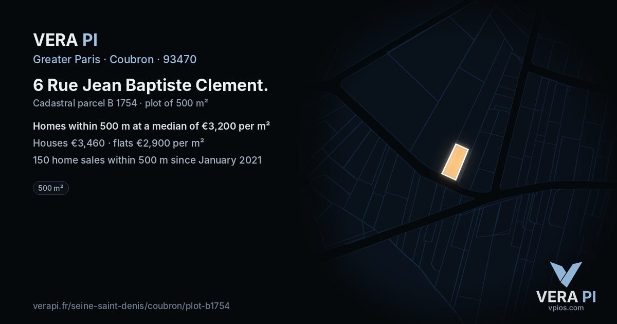 6 Rue Jean Baptiste Clement, Coubron at night – the plot lit, the parcels around coloured by the prices near them