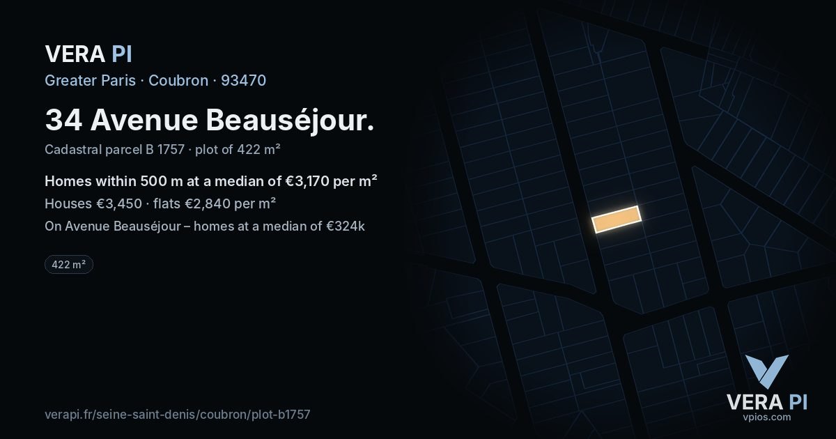 34 Avenue Beauséjour, Coubron at night – the plot lit, the parcels around coloured by the prices near them