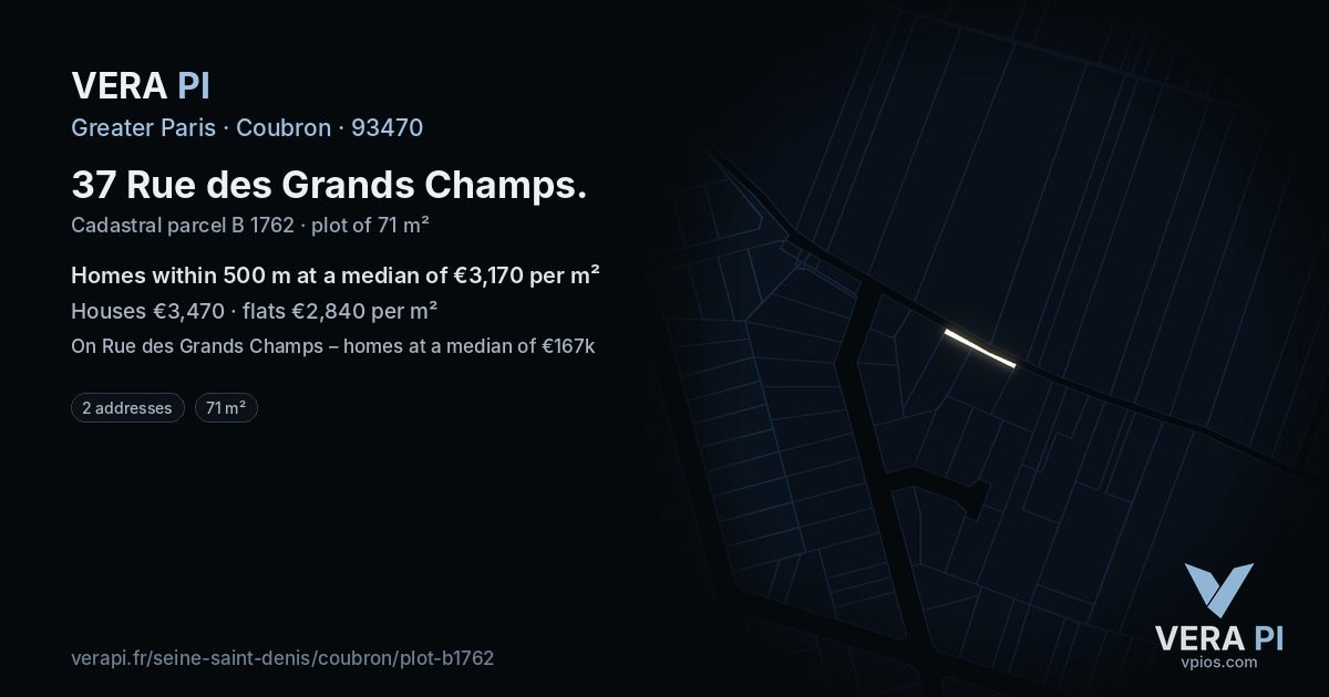 37 Rue des Grands Champs, Coubron at night – the plot lit, the parcels around coloured by the prices near them