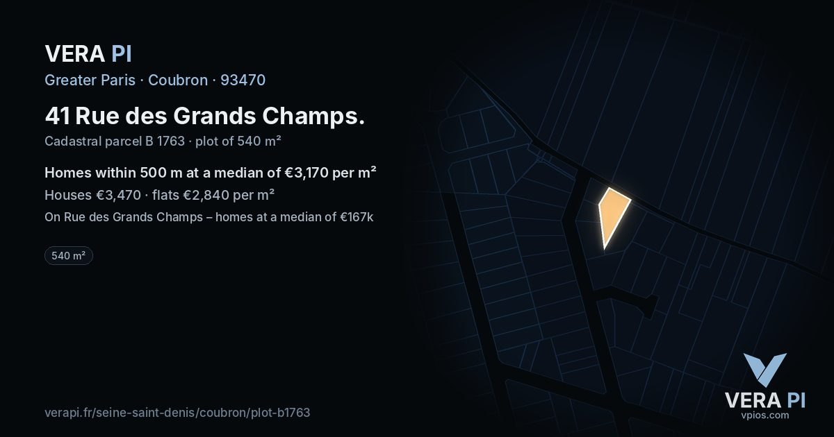 41 Rue des Grands Champs, Coubron at night – the plot lit, the parcels around coloured by the prices near them