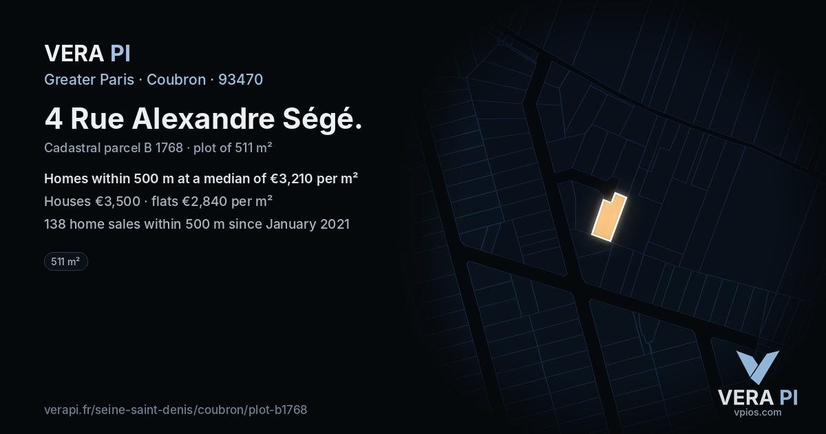 4 Rue Alexandre Ségé, Coubron at night – the plot lit, the parcels around coloured by the prices near them