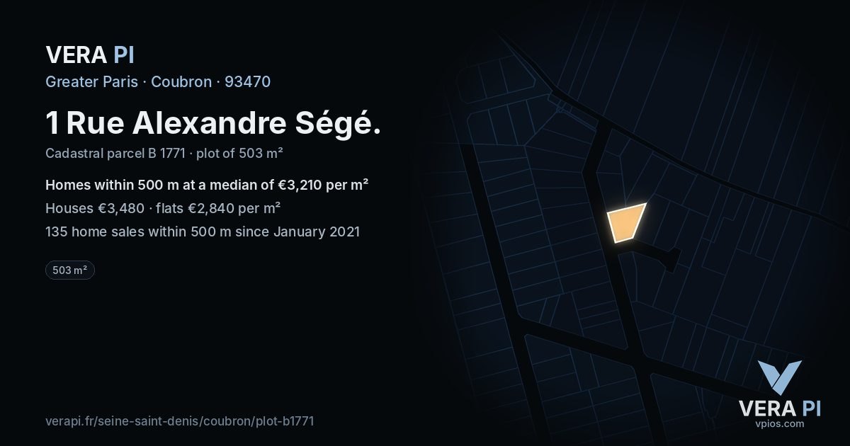 1 Rue Alexandre Ségé, Coubron at night – the plot lit, the parcels around coloured by the prices near them