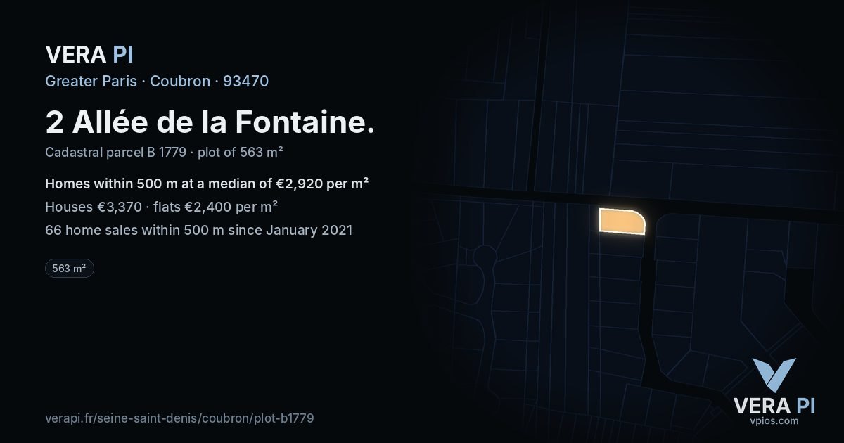 2 Allée de la Fontaine, Coubron at night – the plot lit, the parcels around coloured by the prices near them