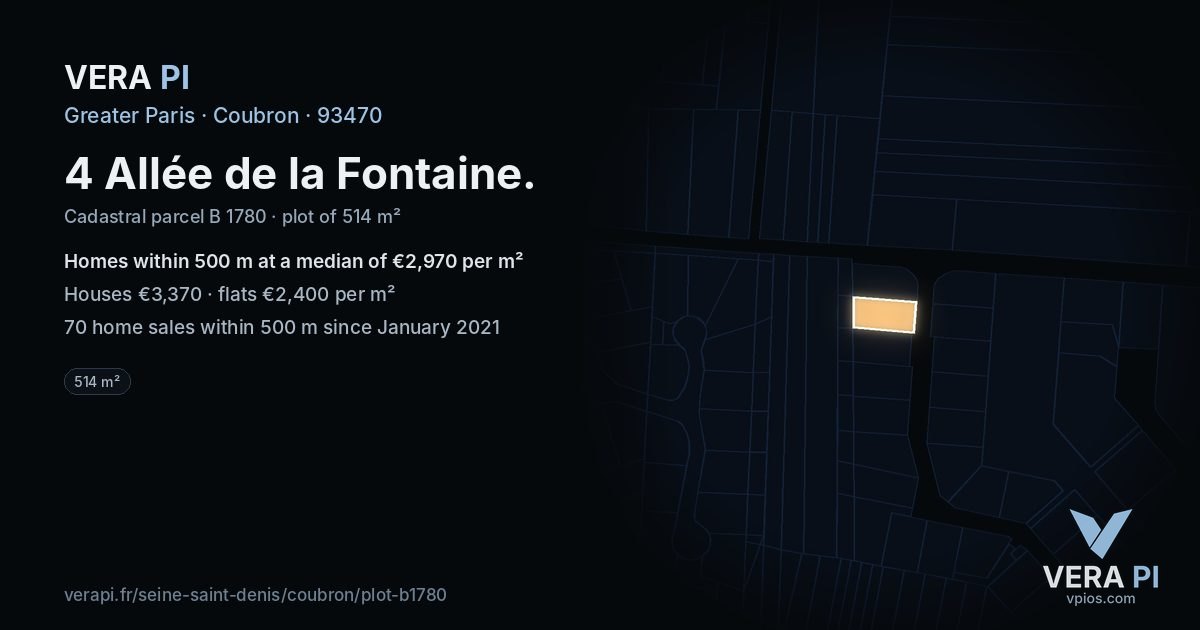 4 Allée de la Fontaine, Coubron at night – the plot lit, the parcels around coloured by the prices near them