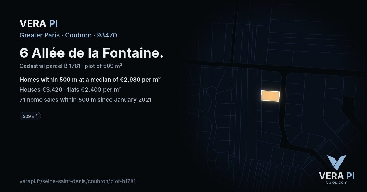6 Allée de la Fontaine, Coubron at night – the plot lit, the parcels around coloured by the prices near them