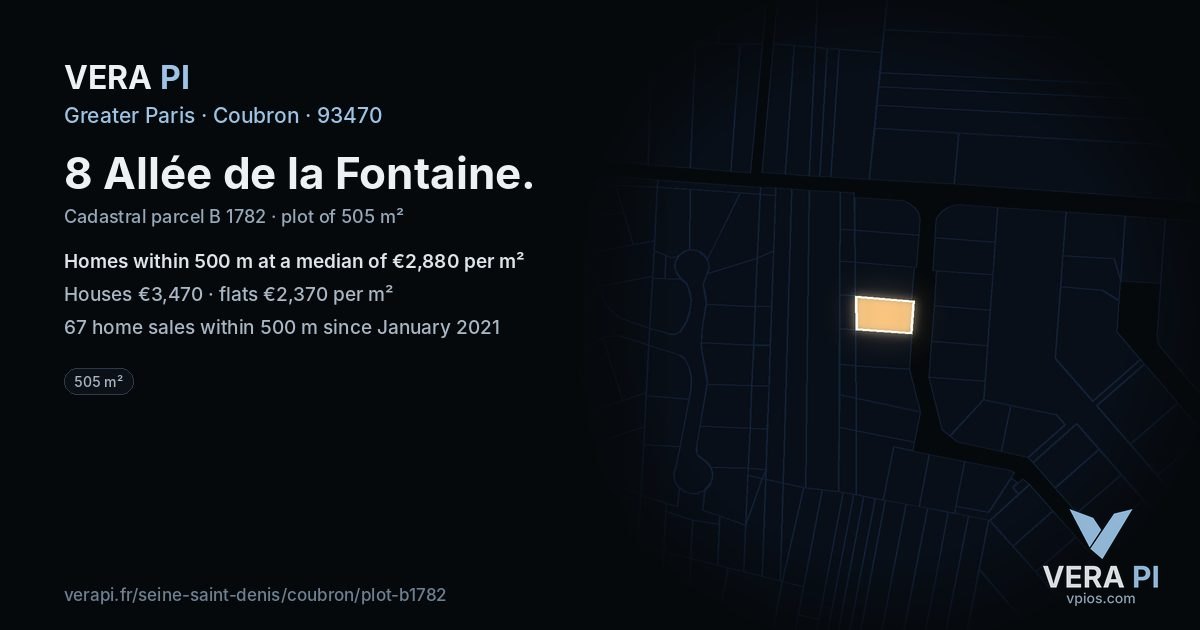 8 Allée de la Fontaine, Coubron at night – the plot lit, the parcels around coloured by the prices near them