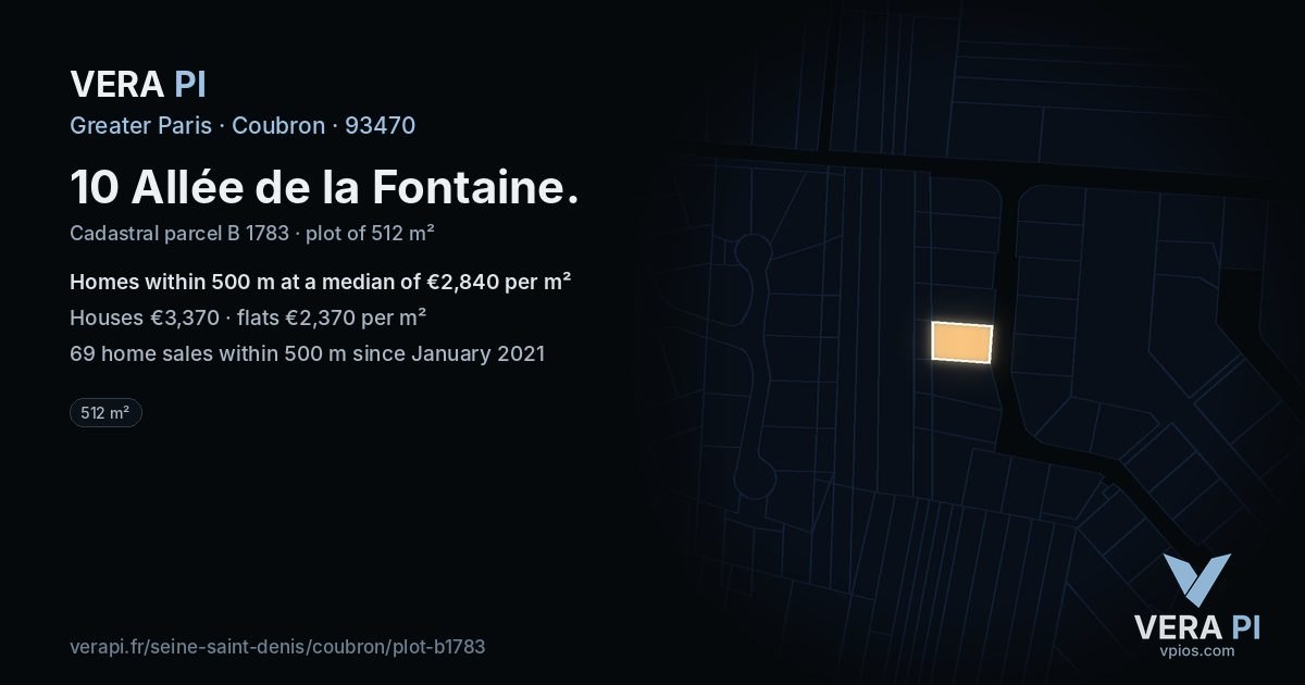 10 Allée de la Fontaine, Coubron at night – the plot lit, the parcels around coloured by the prices near them