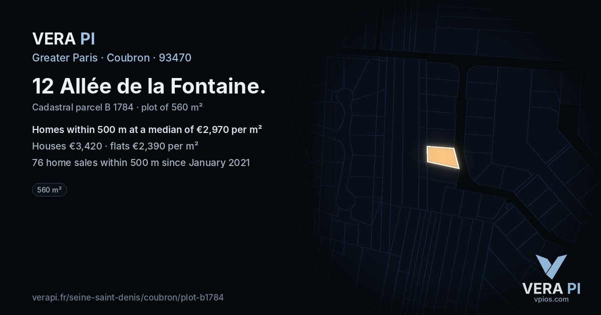 12 Allée de la Fontaine, Coubron at night – the plot lit, the parcels around coloured by the prices near them