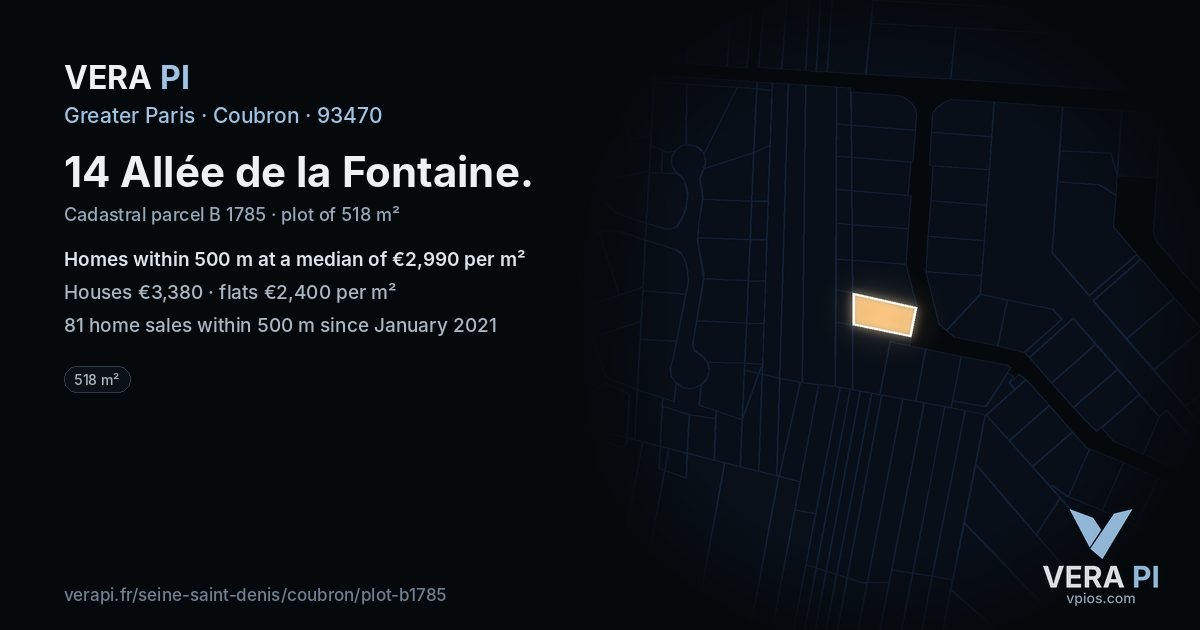 14 Allée de la Fontaine, Coubron at night – the plot lit, the parcels around coloured by the prices near them