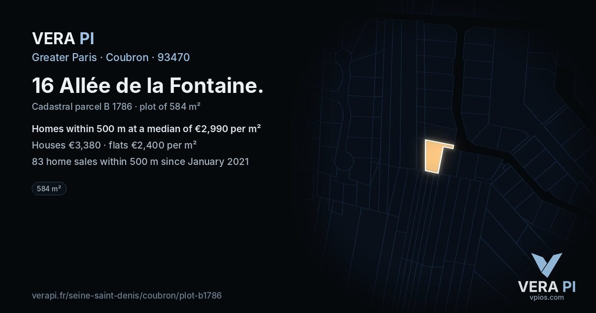 16 Allée de la Fontaine, Coubron at night – the plot lit, the parcels around coloured by the prices near them