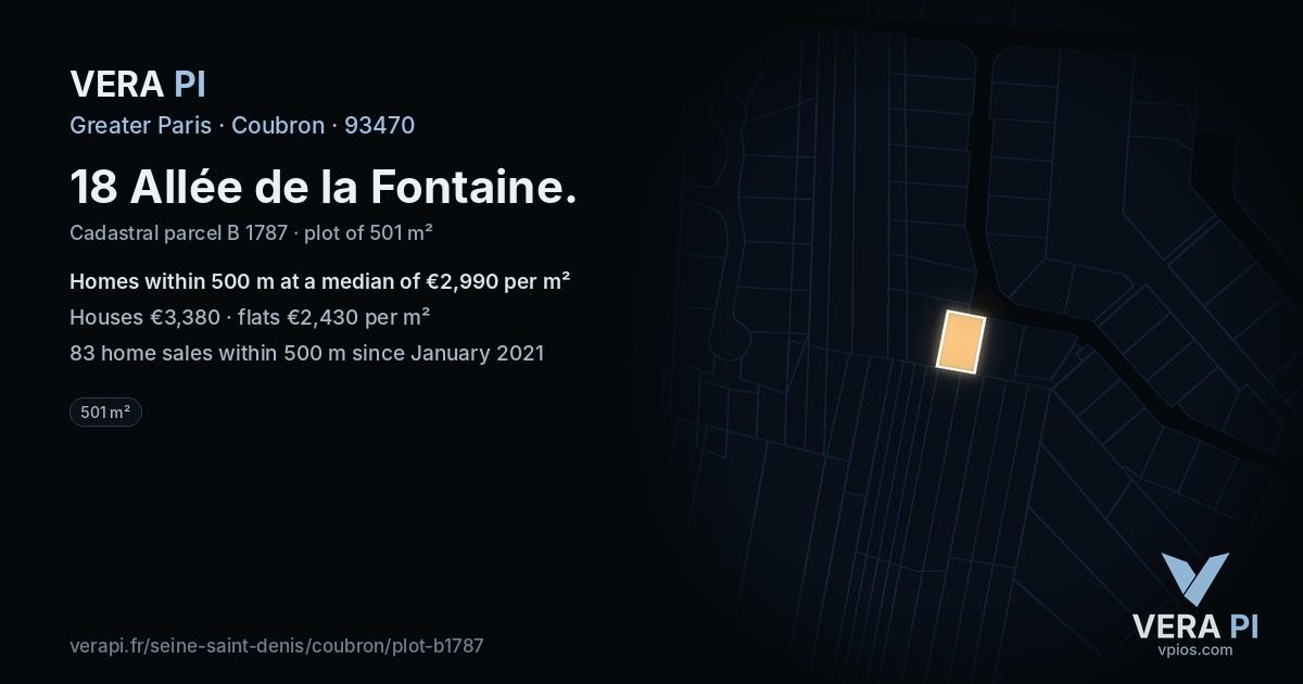 18 Allée de la Fontaine, Coubron at night – the plot lit, the parcels around coloured by the prices near them