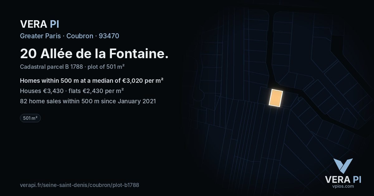 20 Allée de la Fontaine, Coubron at night – the plot lit, the parcels around coloured by the prices near them