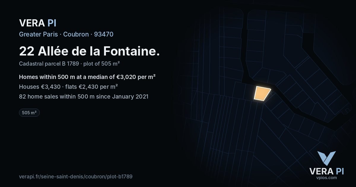 22 Allée de la Fontaine, Coubron at night – the plot lit, the parcels around coloured by the prices near them