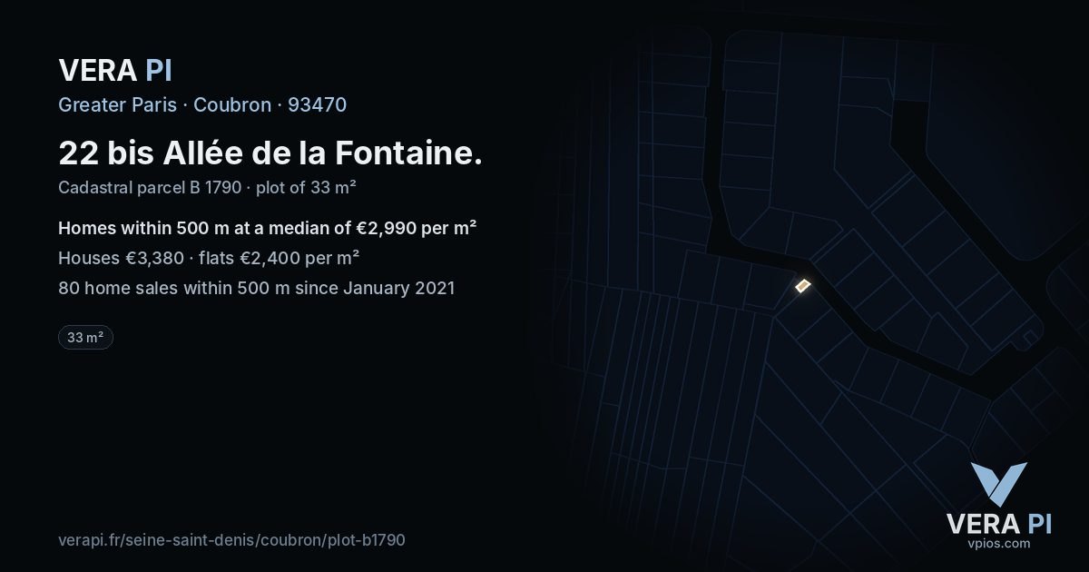 22 bis Allée de la Fontaine, Coubron at night – the plot lit, the parcels around coloured by the prices near them
