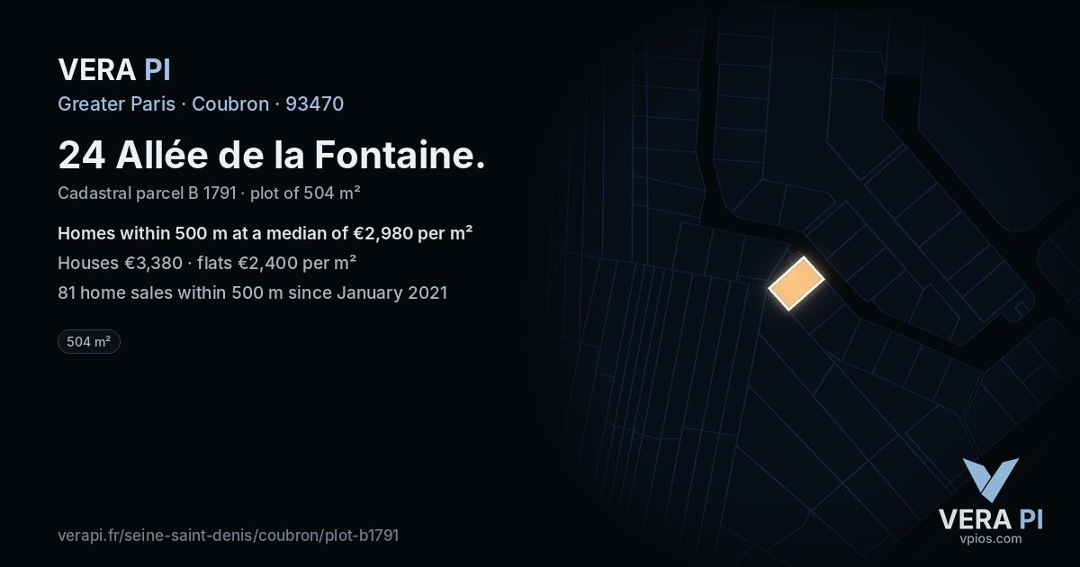 24 Allée de la Fontaine, Coubron at night – the plot lit, the parcels around coloured by the prices near them