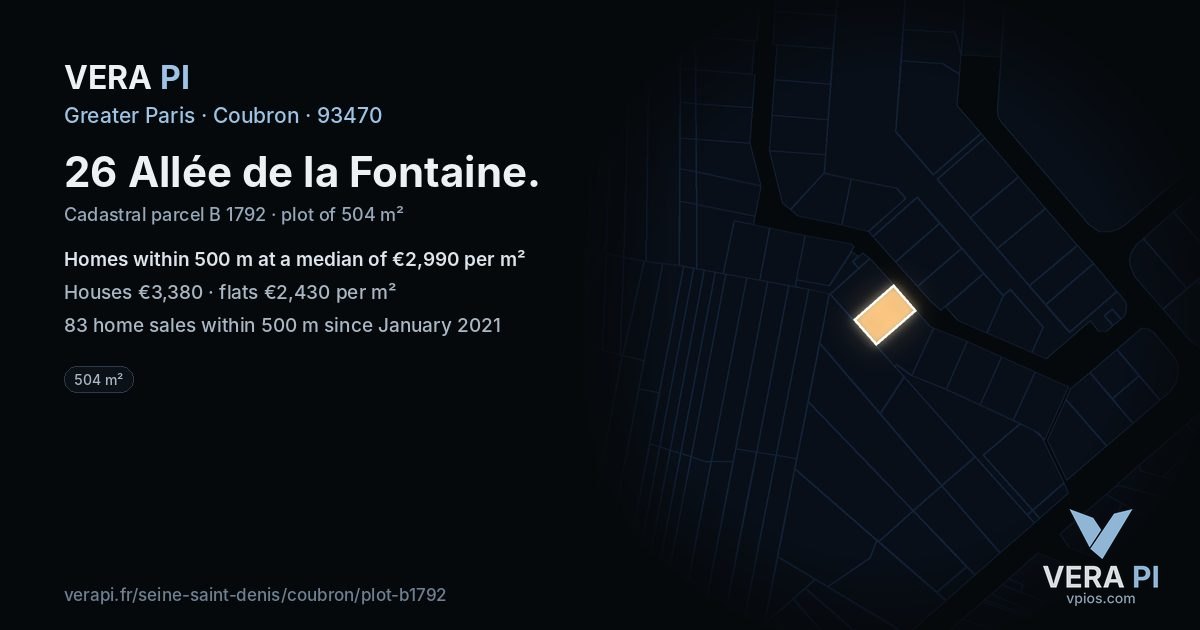 26 Allée de la Fontaine, Coubron at night – the plot lit, the parcels around coloured by the prices near them