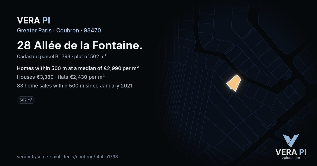 28 Allée de la Fontaine, Coubron at night – the plot lit, the parcels around coloured by the prices near them