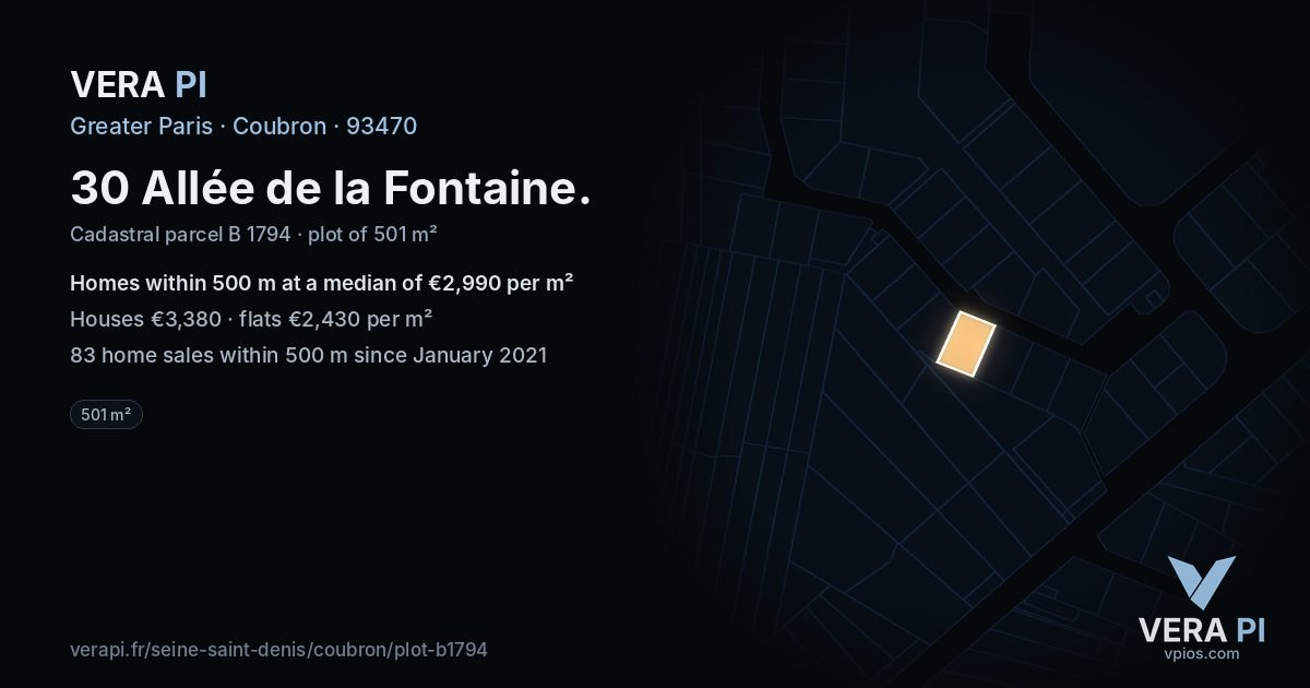 30 Allée de la Fontaine, Coubron at night – the plot lit, the parcels around coloured by the prices near them