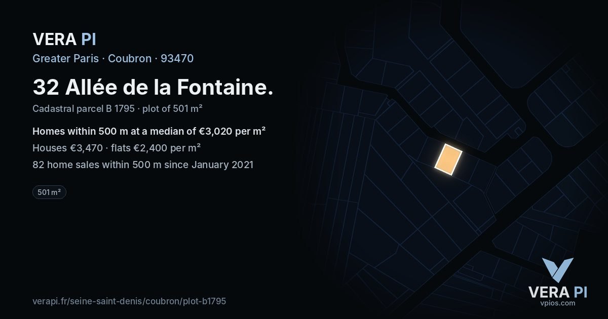 32 Allée de la Fontaine, Coubron at night – the plot lit, the parcels around coloured by the prices near them