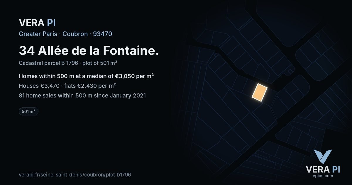 34 Allée de la Fontaine, Coubron at night – the plot lit, the parcels around coloured by the prices near them