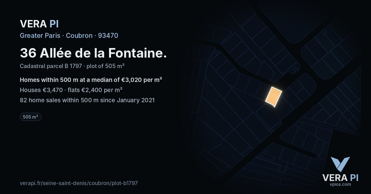 36 Allée de la Fontaine, Coubron at night – the plot lit, the parcels around coloured by the prices near them